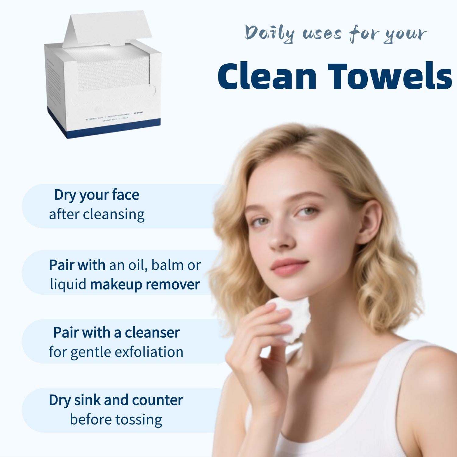 Biobased Face Towels XL: Ultra Soft Disposable Makeup Remover Wipes, 50 Count