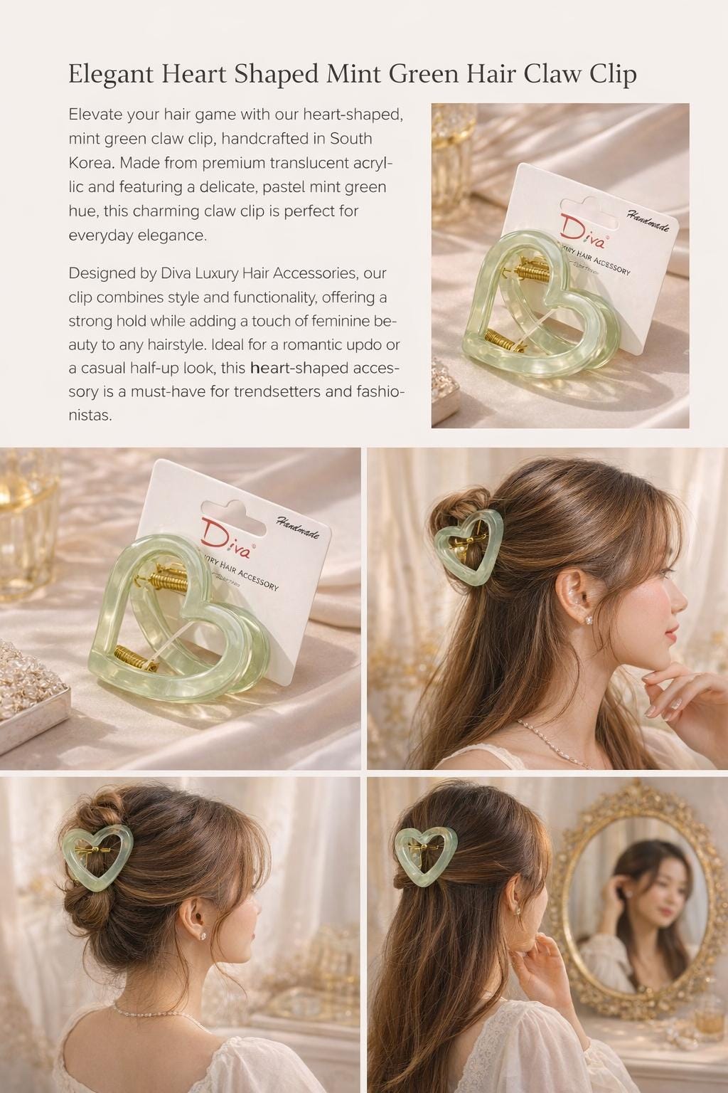 Jade Green Heart Claw Clip – Korean Resin Hair Accessory