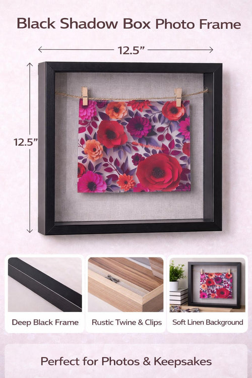 Black Shadow Box Photo Frame – Deep Display Frame with Linen Backing, Twine & Clips