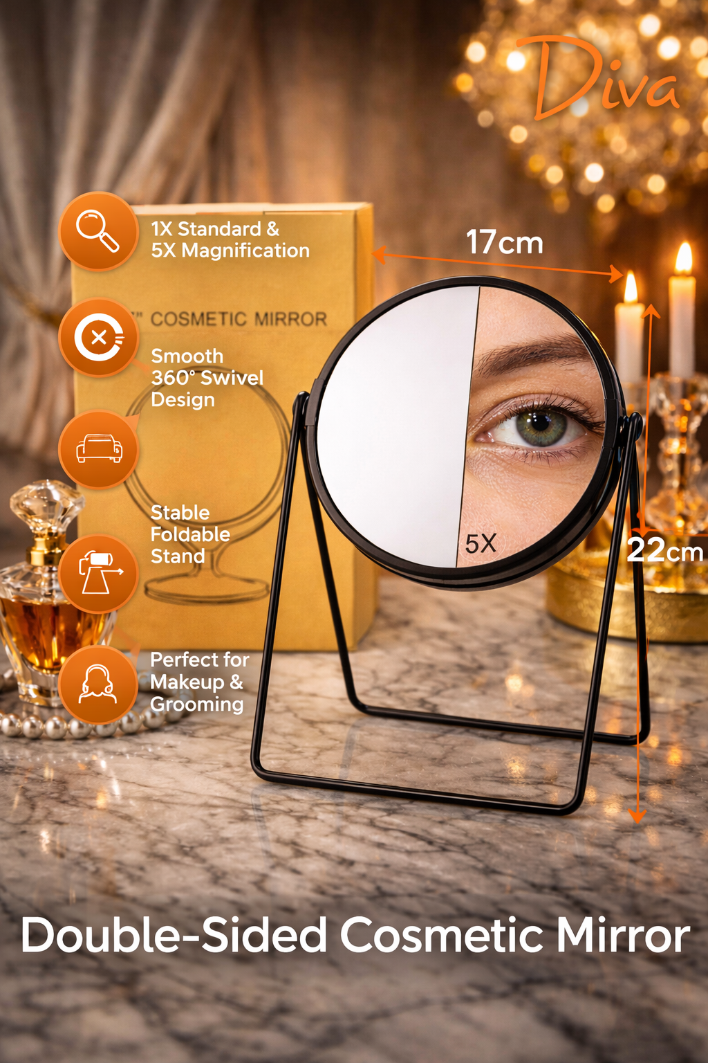 iva London Luxury Black Vanity Mirror | 7" Double Sided 1X/5X Magnifying Makeup Mirror | Minimalist Desk Mirror | Round Cosmetic Mirror