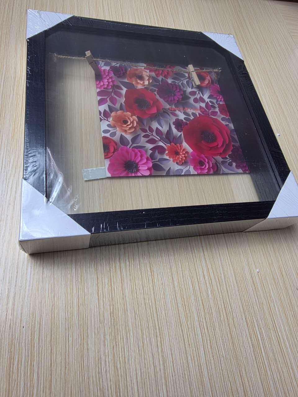 Black Shadow Box Photo Frame – Deep Display Frame with Linen Backing, Twine & Clips