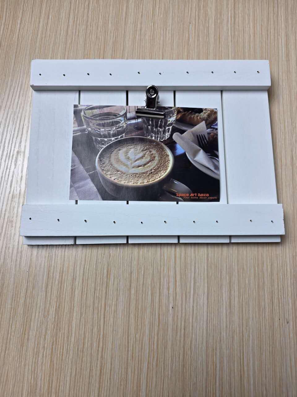 Space Art Deco Rustic White Photo Board Distressed White Wood Color - Black Clips - Pallet Design - D-Ring Back Hangers - Wall Mounting