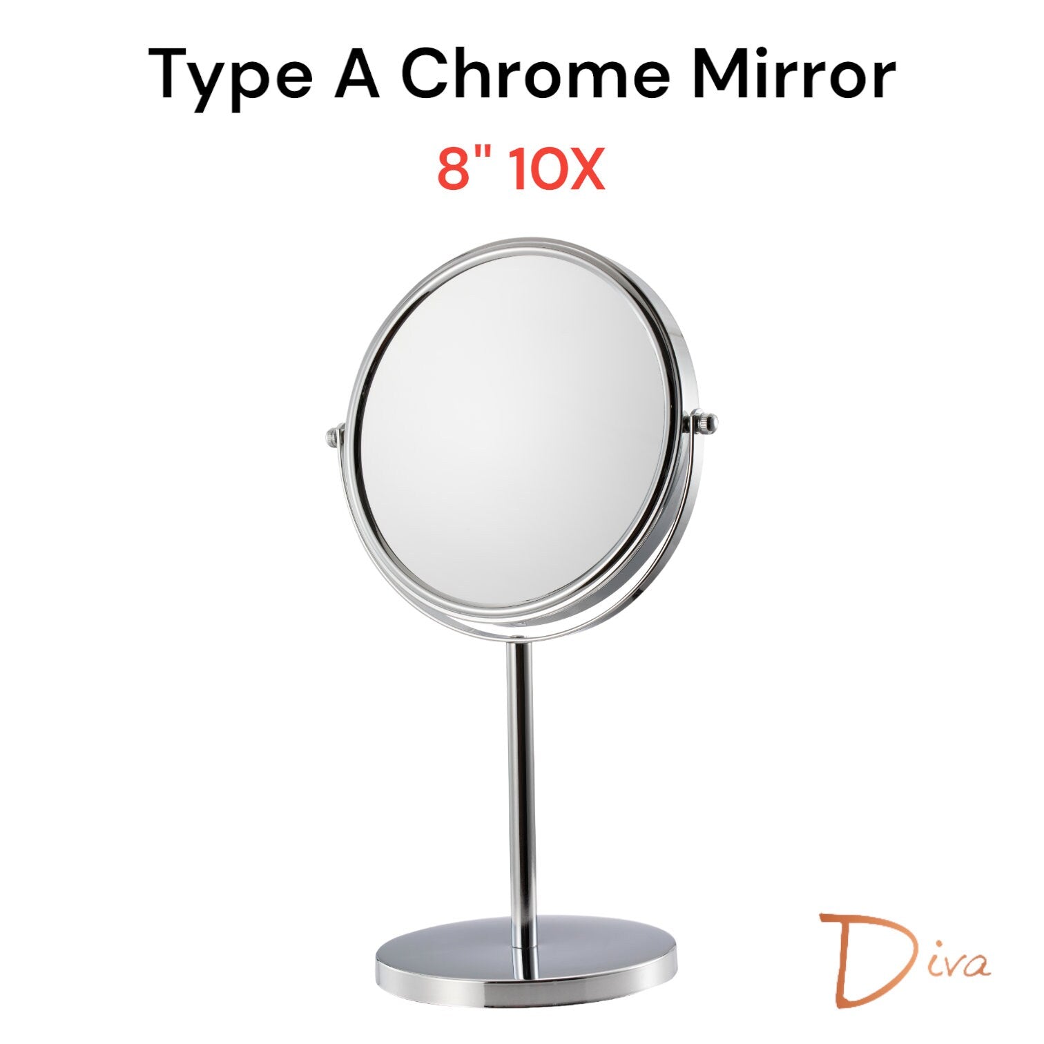 Diva 1x/3x/5x/10x Magnifying Mirror (A) | Double-Sided | Premium Metal | Minimalist | Tabletop Mirror | Freestanding Makeup | Chrome Plated