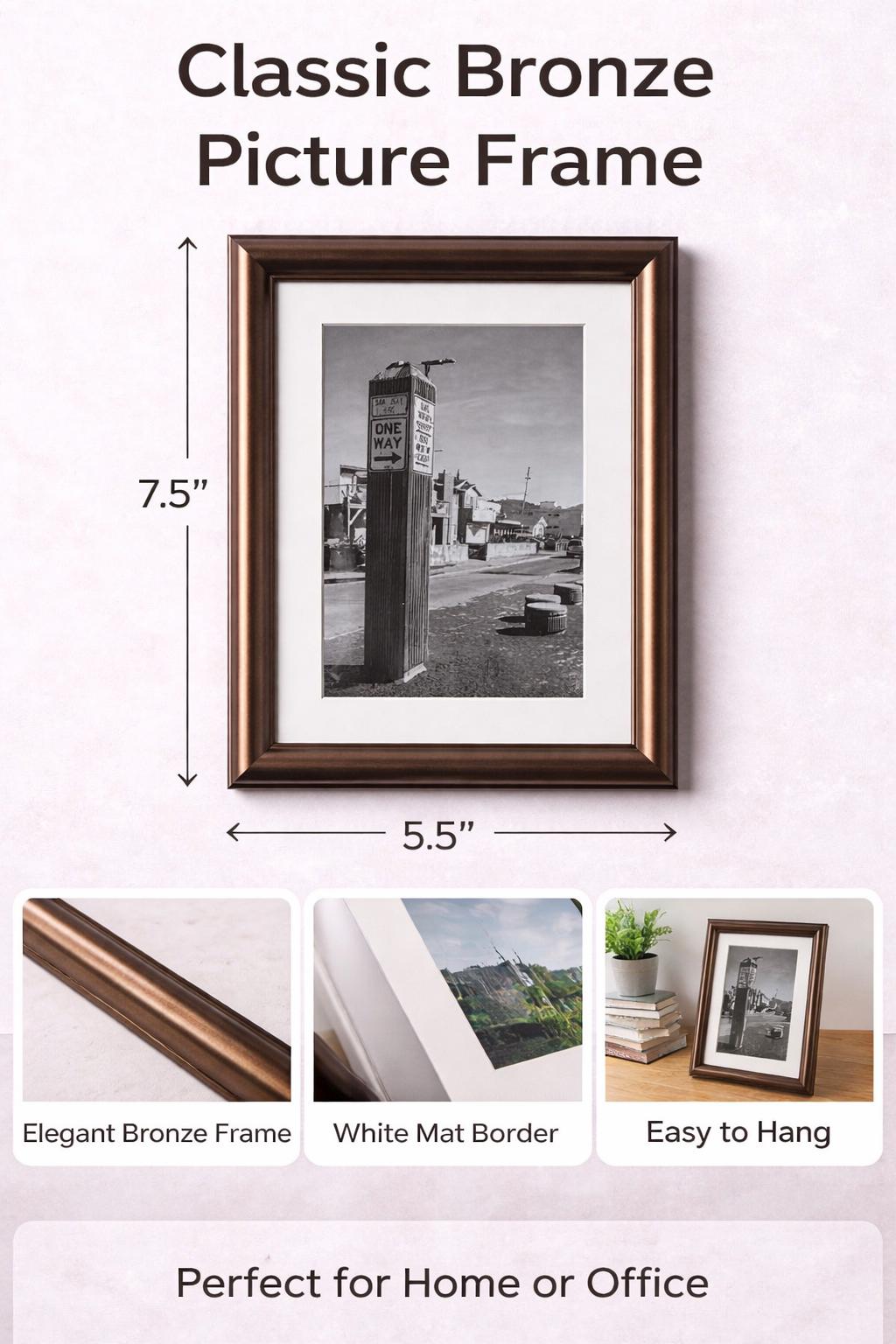Classic Bronze Picture Frame 7.5 x 5.5 – Elegant Photo Frame with White Mat