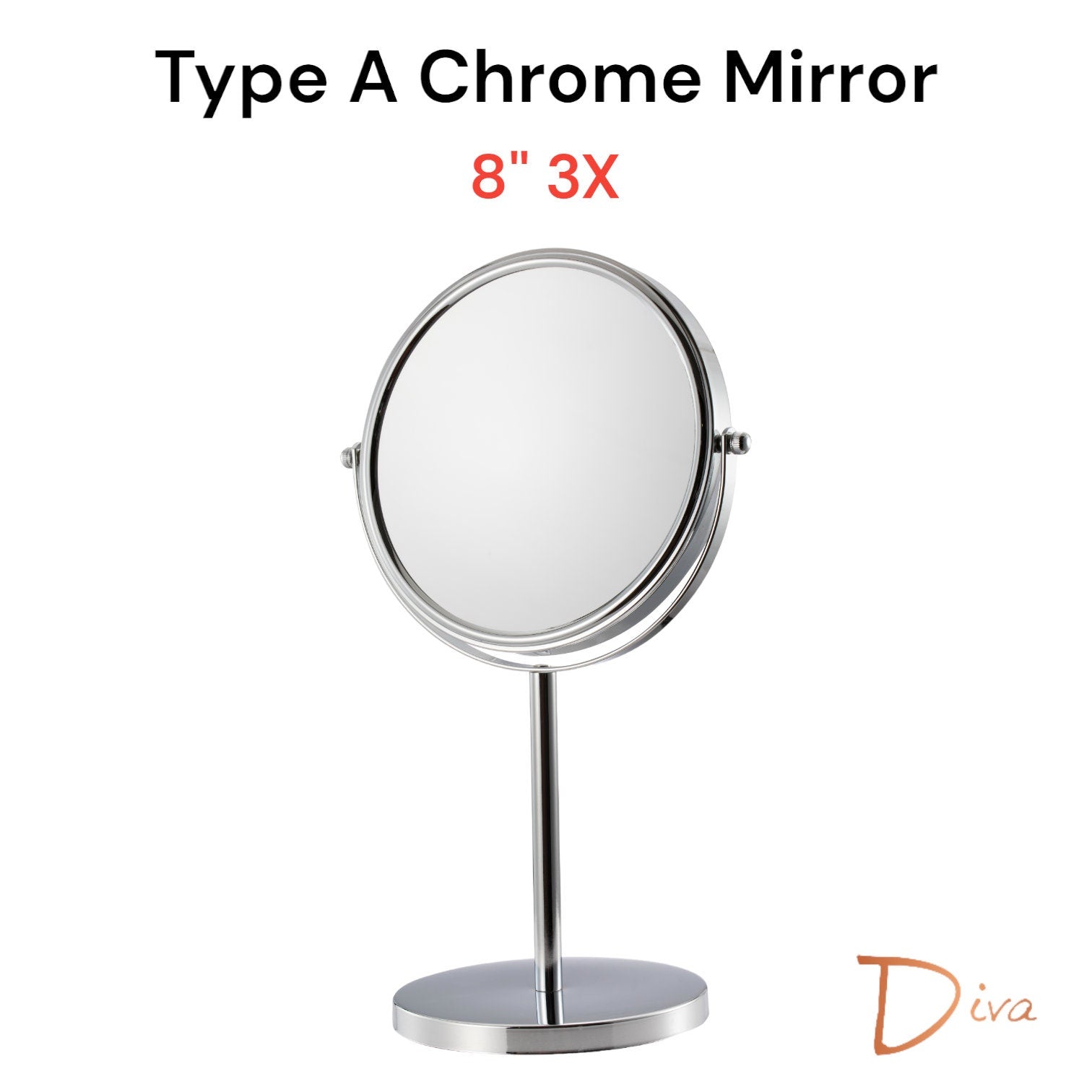 Diva 1x/3x/5x/10x Magnifying Mirror (A) | Double-Sided | Premium Metal | Minimalist | Tabletop Mirror | Freestanding Makeup | Chrome Plated