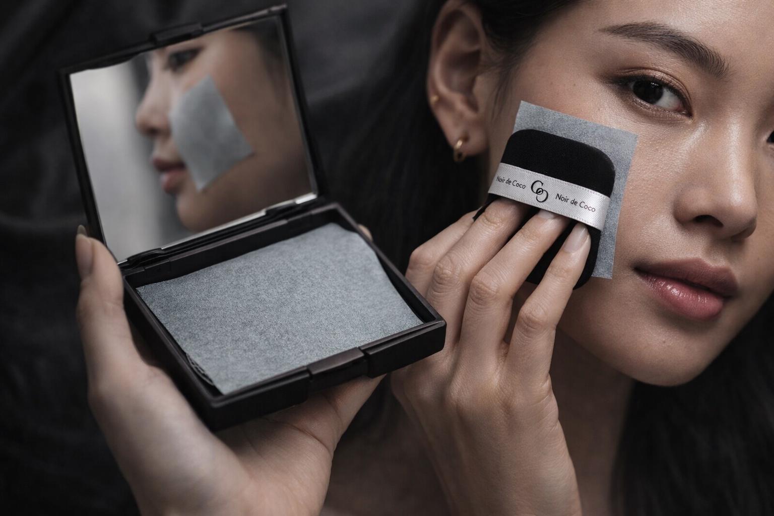 Bamboo Charcoal Oil Absorbing Sheets | Mirror Compact, Puff Applicator