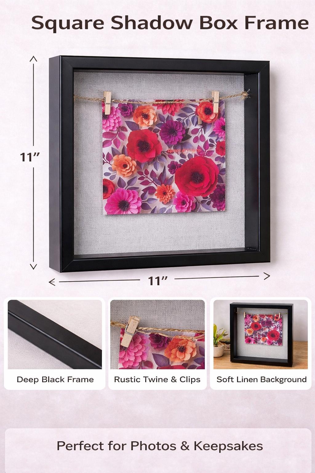 Black Shadow Box Photo Frame – Deep Display Frame with Linen Backing, Twine & Clips