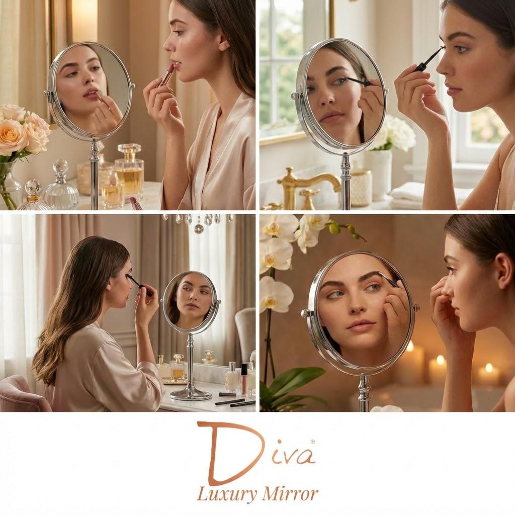 Diva 1x/3x/5x/10x Magnifying Mirror (B) | Double-Sided | Premium Metal | Minimalist | Tabletop Mirror | Freestanding Makeup | Chrome Plated