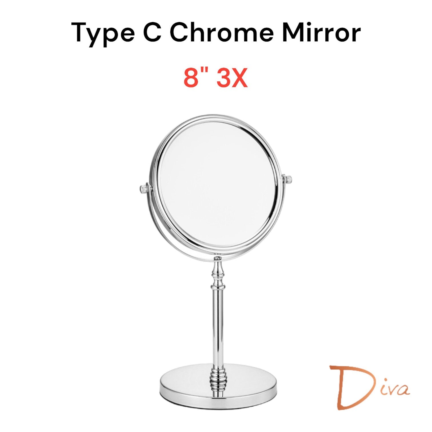 Diva 1x/3x/5x/10x Magnifying Mirror (C) | Double-Sided | Premium Metal | Minimalist | Tabletop Mirror | Freestanding Makeup | Chrome Plated