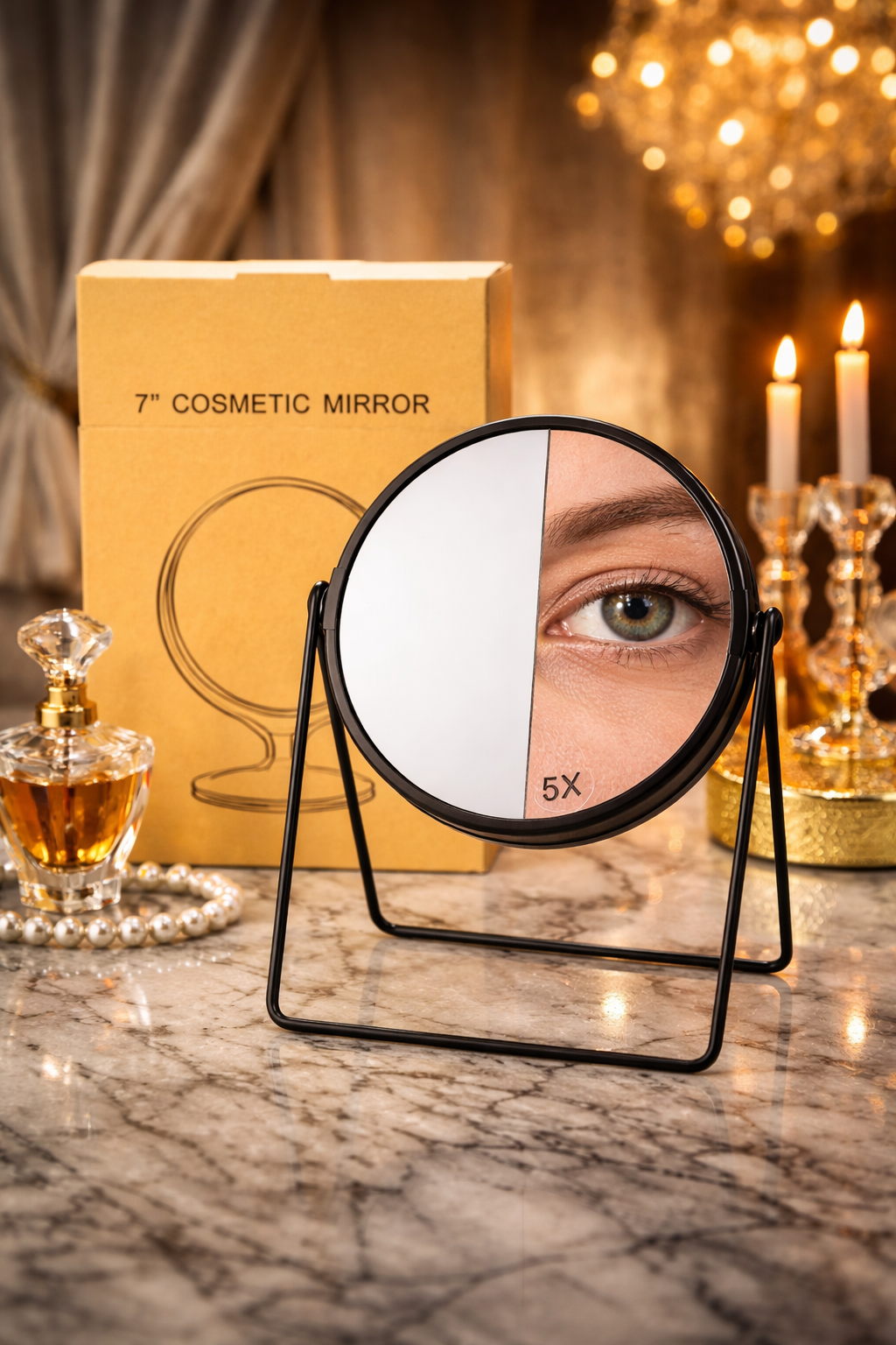 iva London Luxury Black Vanity Mirror | 7" Double Sided 1X/5X Magnifying Makeup Mirror | Minimalist Desk Mirror | Round Cosmetic Mirror