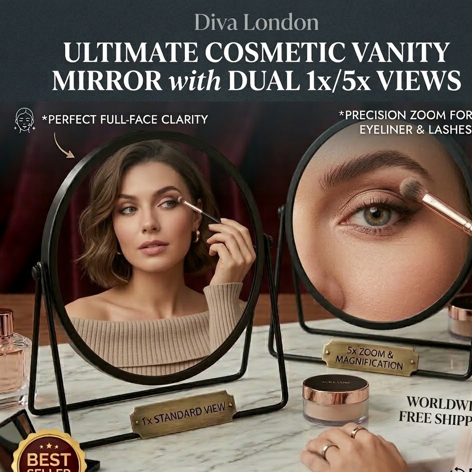 iva London Luxury Black Vanity Mirror | 7" Double Sided 1X/5X Magnifying Makeup Mirror | Minimalist Desk Mirror | Round Cosmetic Mirror